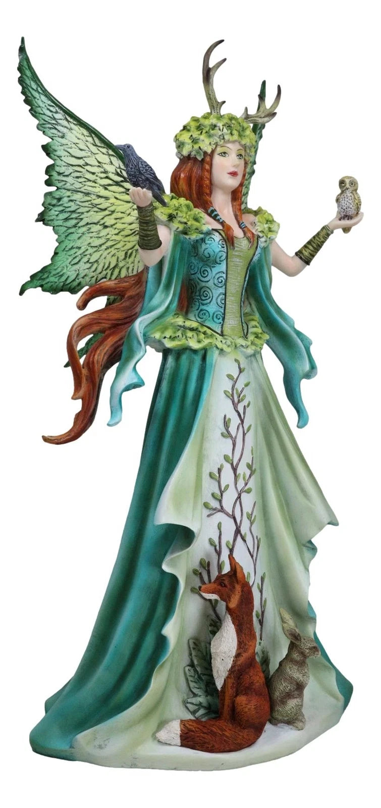 Fantasy Dragon Taker Antler Crown Queen Of The Forest Fairy And Animals Figurine-8