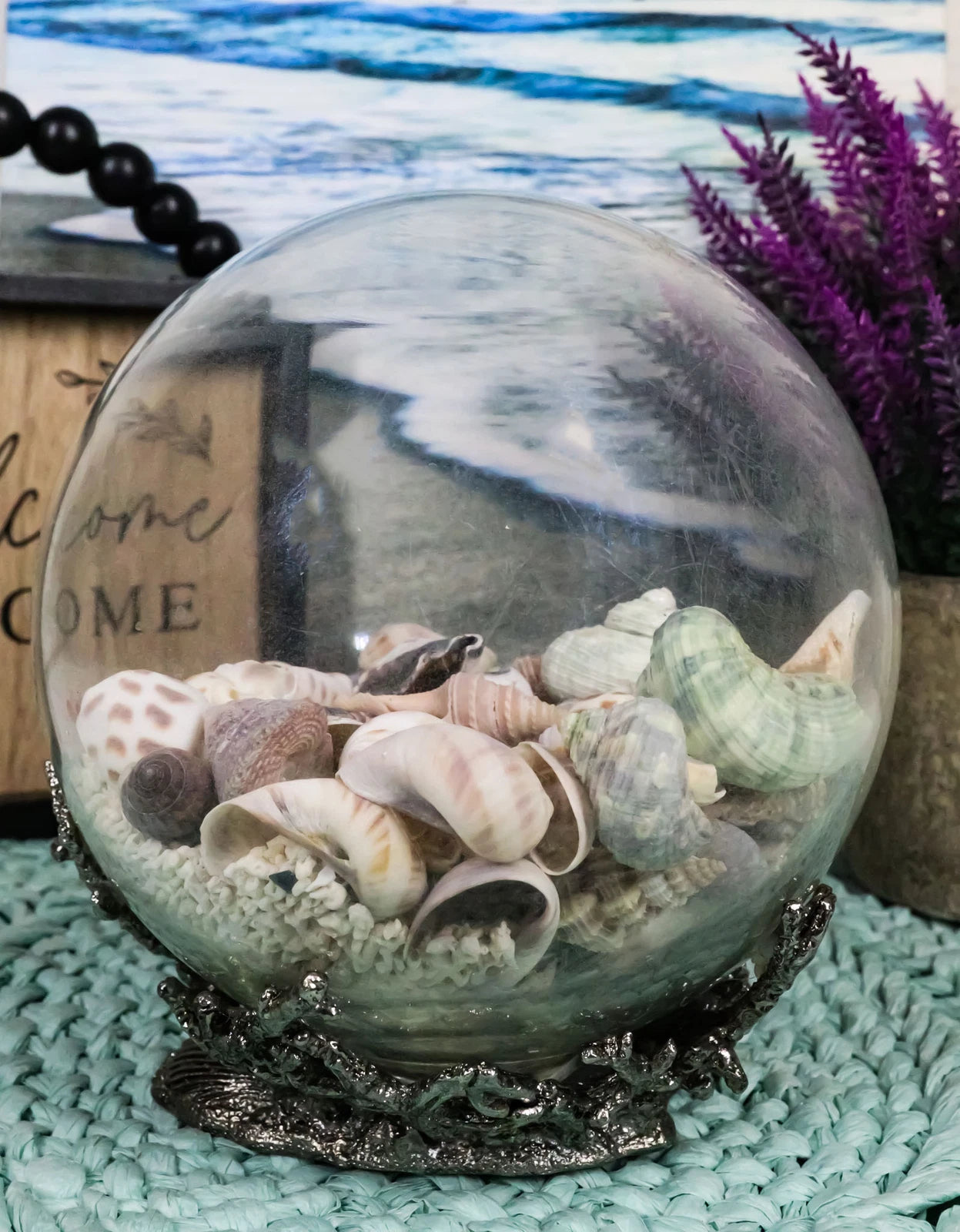 Nautical Marine Sea Shells Glass Globe Ball On Silver Coral Reef Metal Sculpture