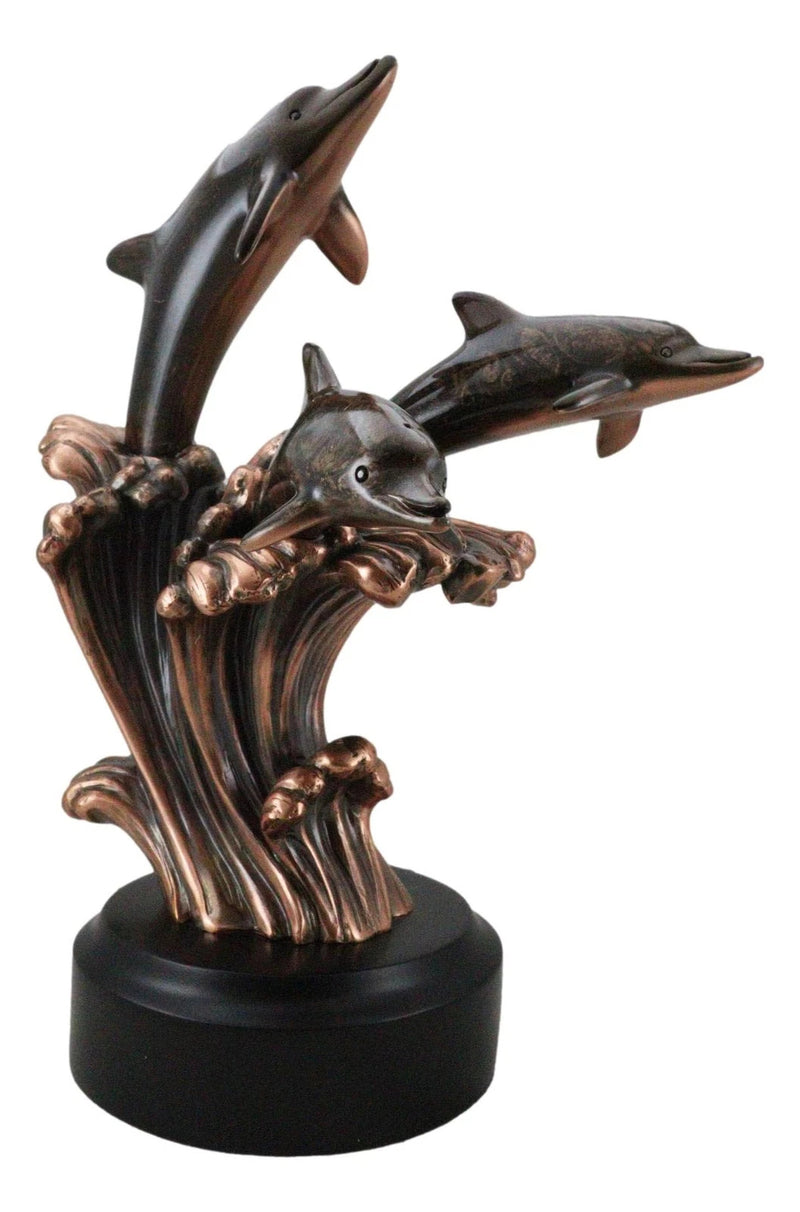 Bronze Electroplated Three Bottlenose Dolphins Riding Over Ocean Waves Statue-5