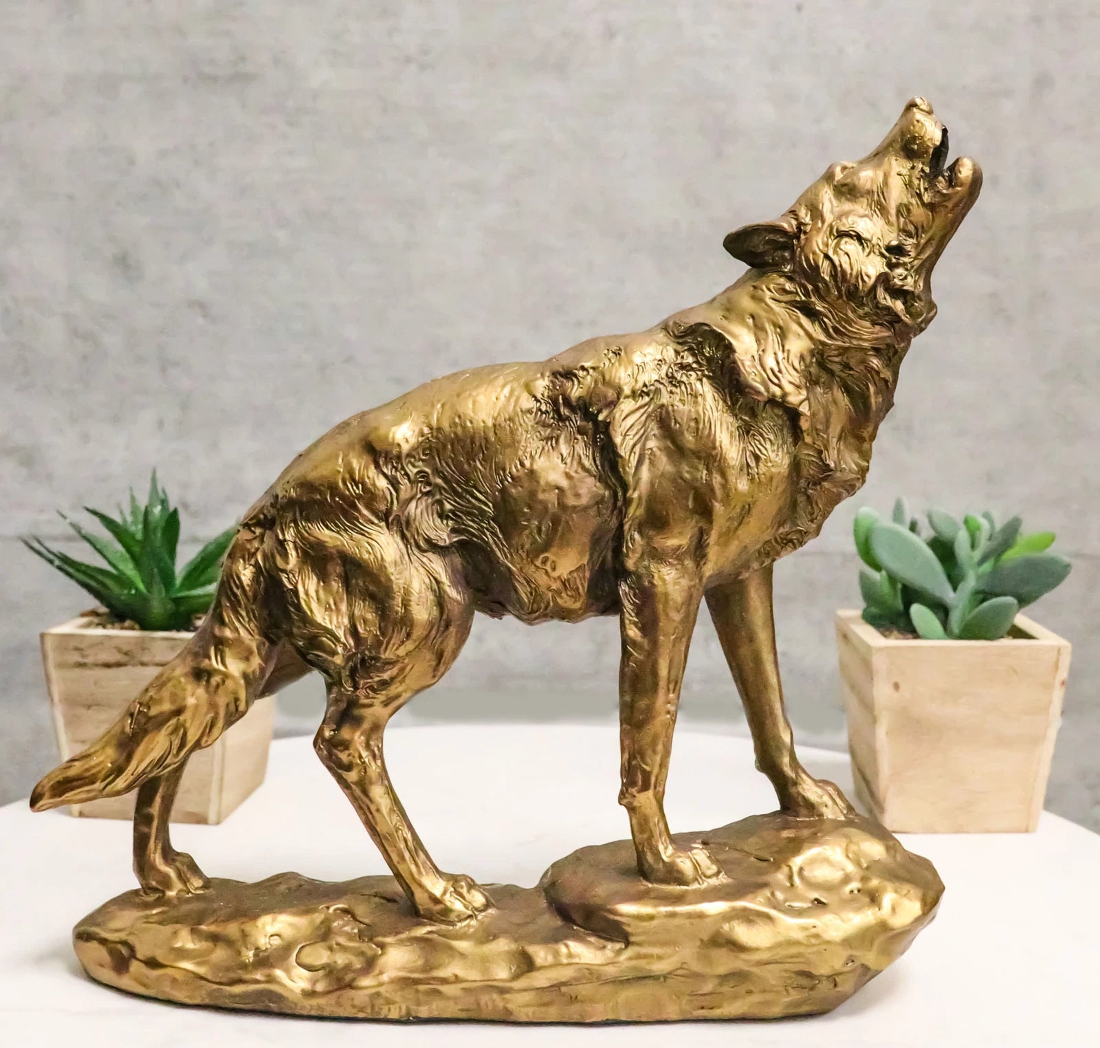 Full Moon Howling Alpha Gray Wolf Timberwolf Statue In Gold Patina Finish 9"H-5