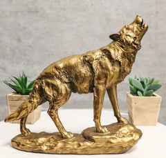 Full Moon Howling Alpha Gray Wolf Timberwolf Statue In Gold Patina Finish 9"H-5