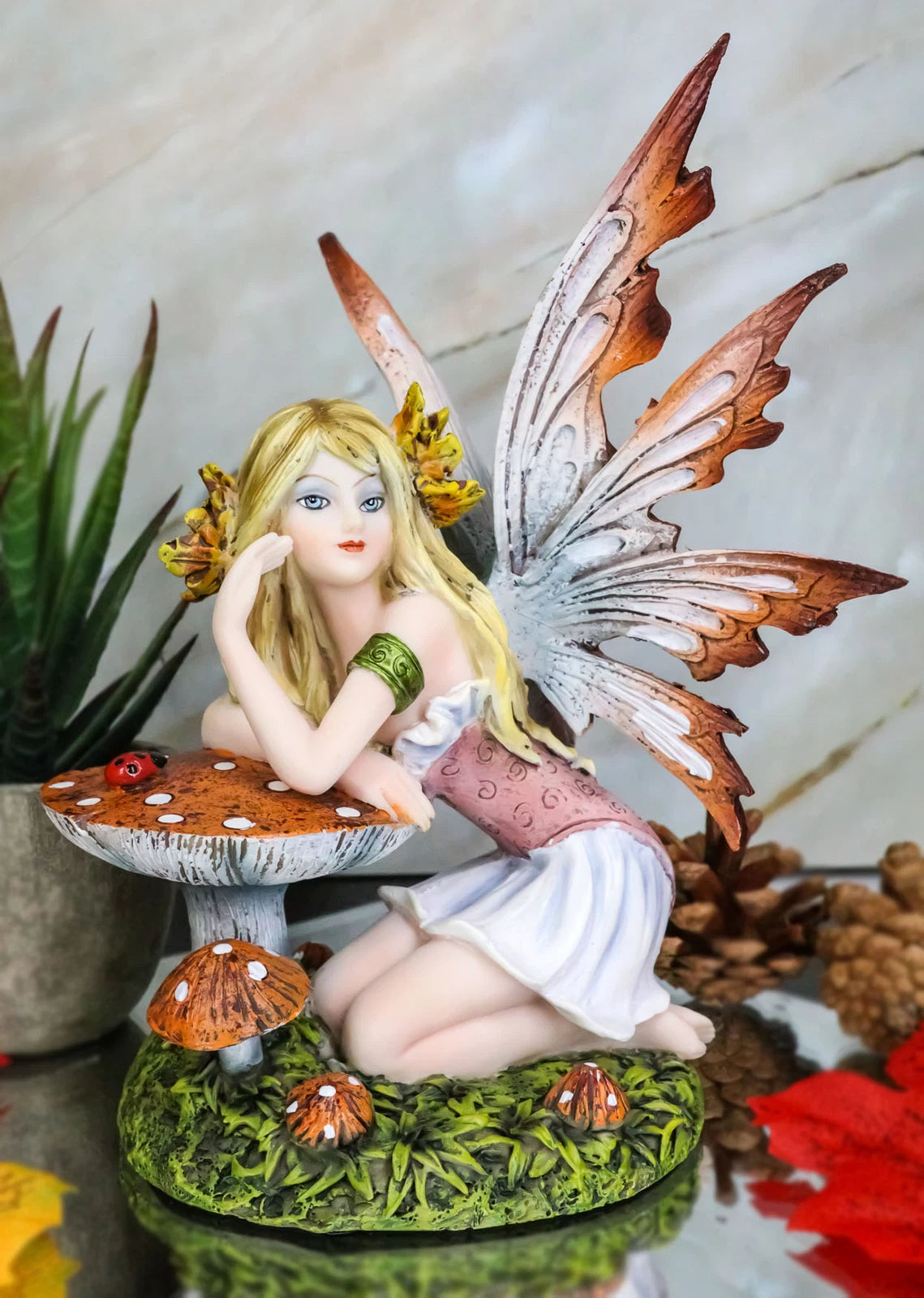 Enchanted Forest Fall Ladybug Mushroom Fairy Sitting by Toadstools Figurine-2