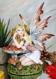 Enchanted Forest Fall Ladybug Mushroom Fairy Sitting by Toadstools Figurine-2