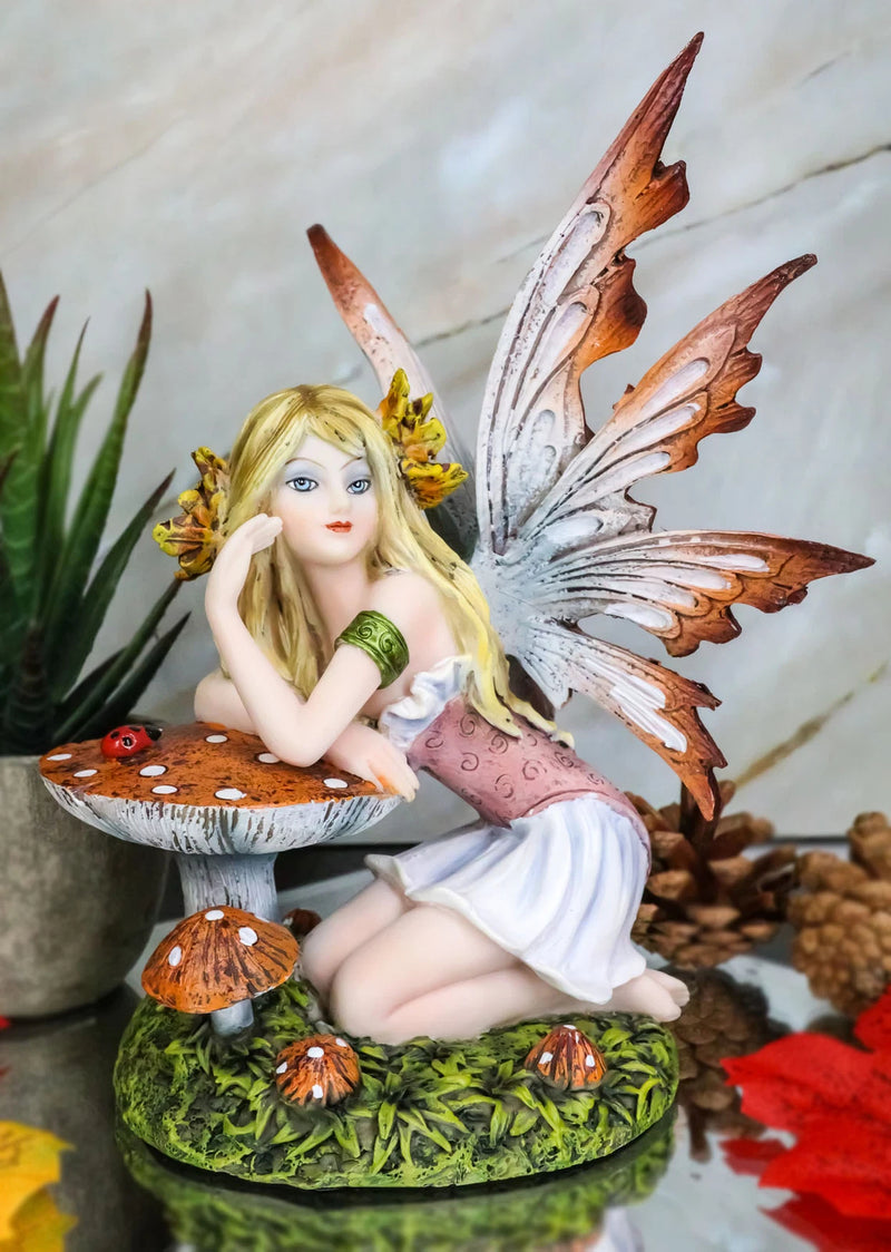 Enchanted Forest Fall Ladybug Mushroom Fairy Sitting by Toadstools Figurine-2