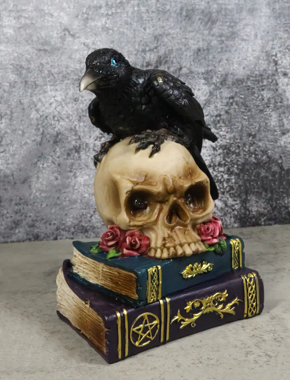 Raven Crow Perching On Skull With LED Eyes And Spell Books Of Prophecy Figurine-1