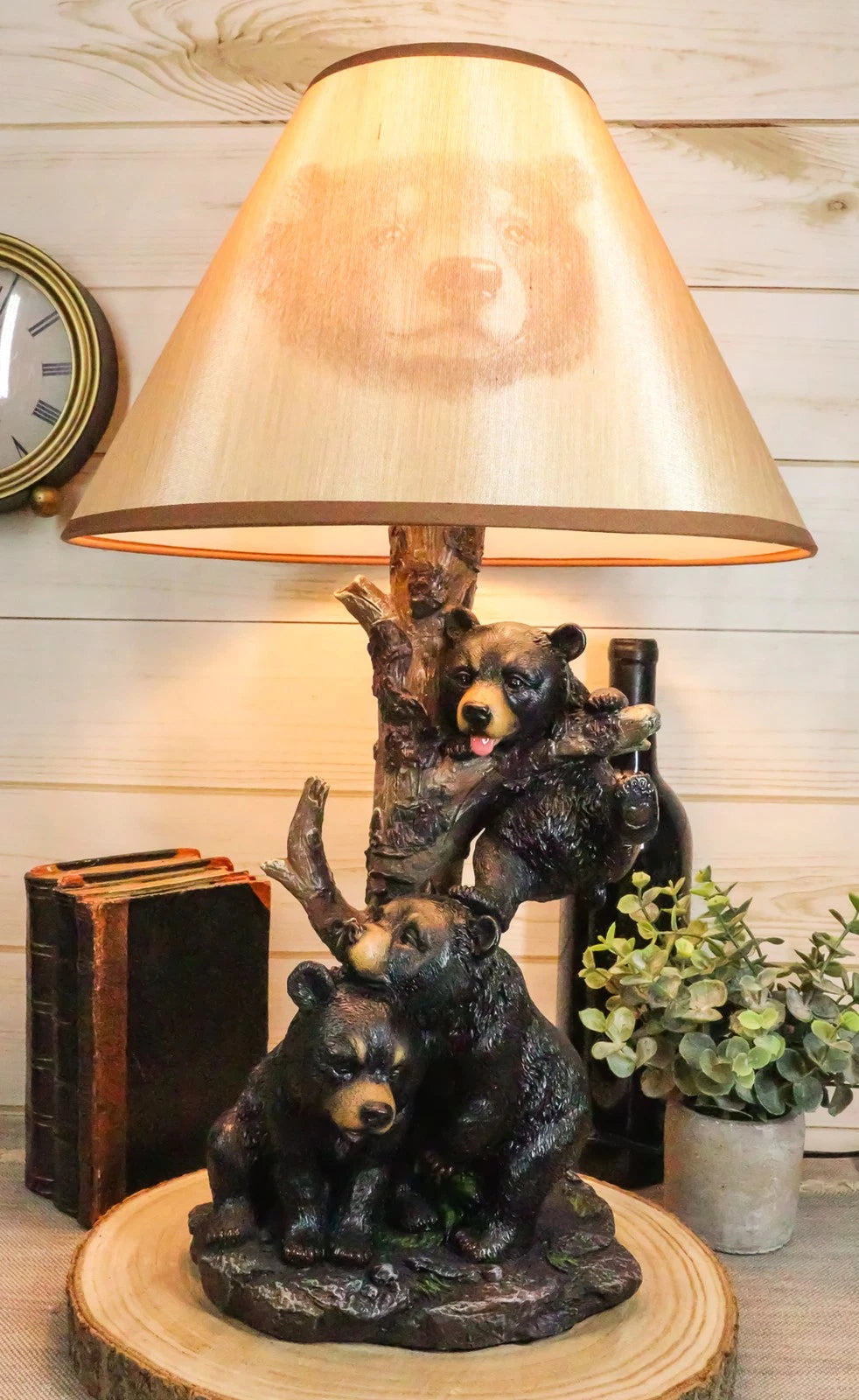 Climbing Black Bear Cubs Table Lamp Statue Decor With Bear Face Shade-1