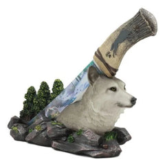 Gray Wolf In Forest Centerpiece With Hunting Knife Letter Opener Statue-8