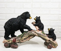 Rustic Forest Black Bear Mother and 2 Cubs Climbing On Tree Log Bridge Figurine-1