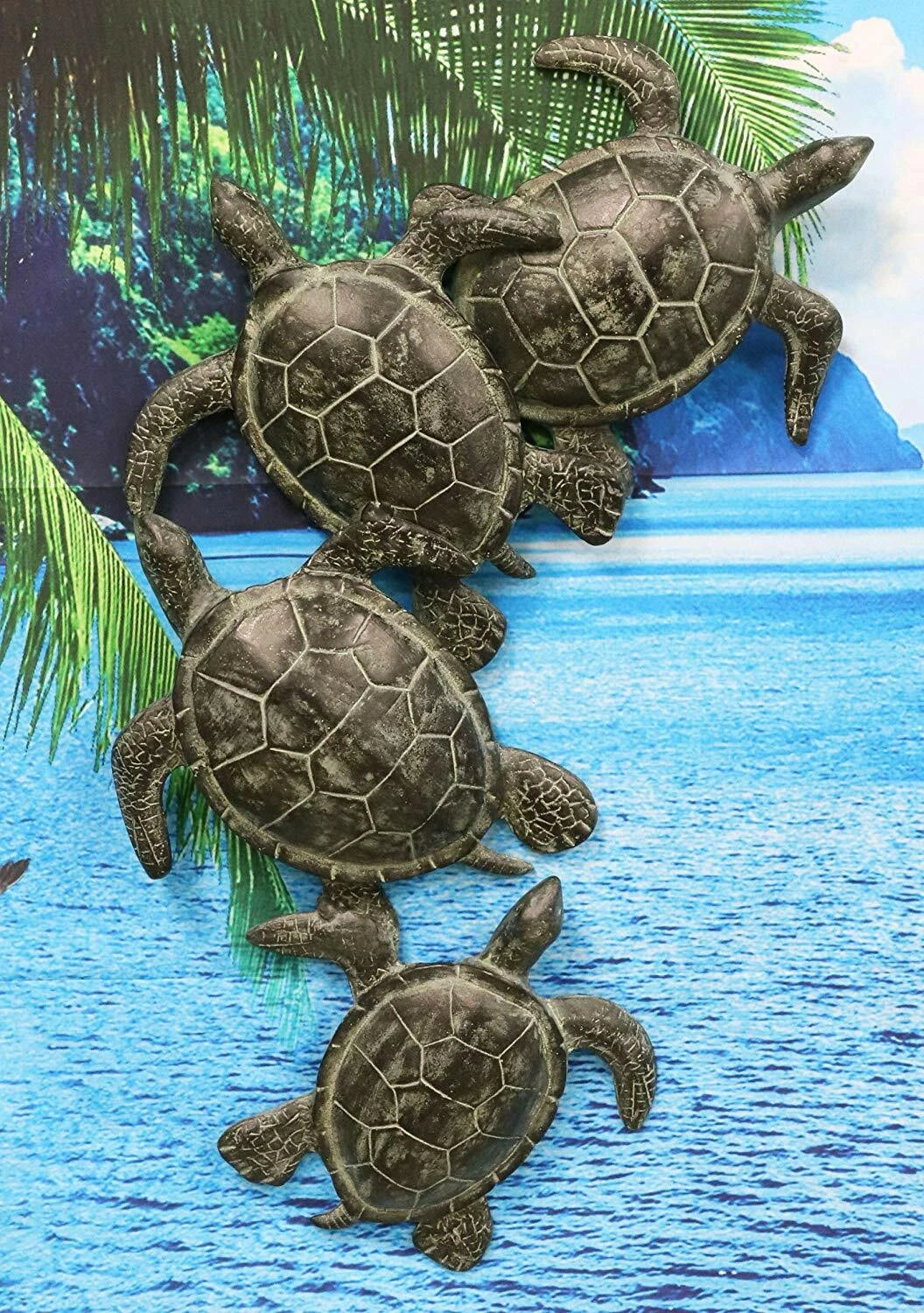 Large Family of Sea Turtles Wall Sculpture Hanging Plaque 25" High Decor-1