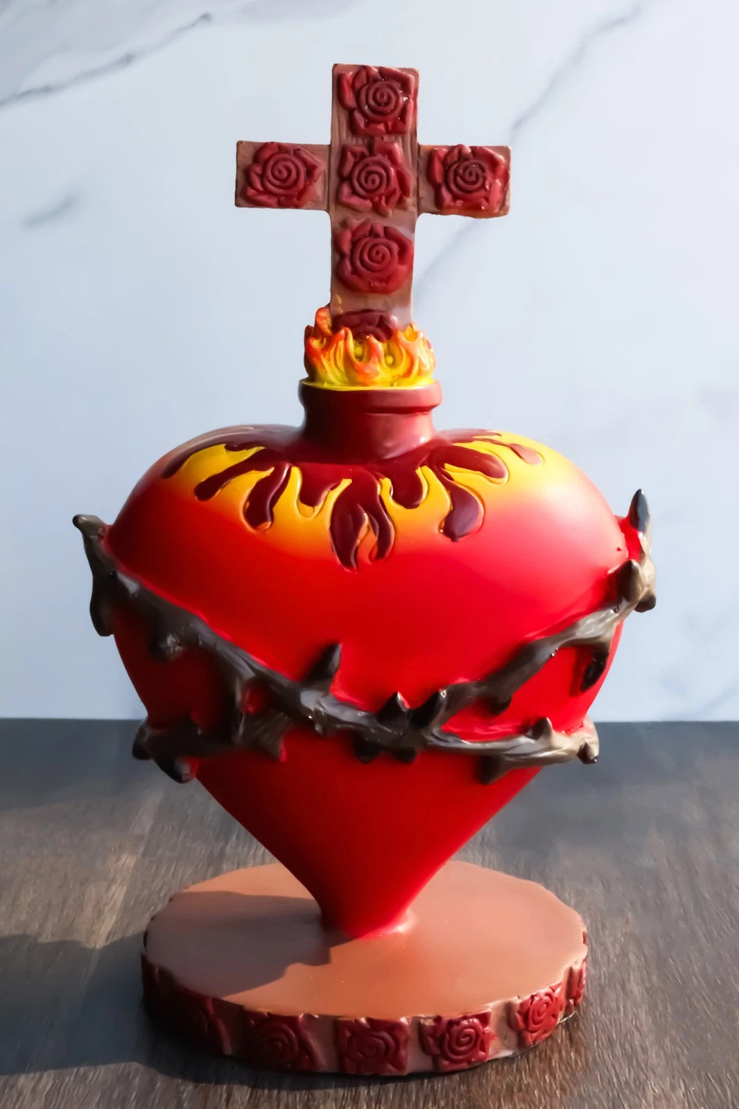 DOD Sacred Heart Of Jesus W/ Crown Of Thorns Roses & Cross Statue-7