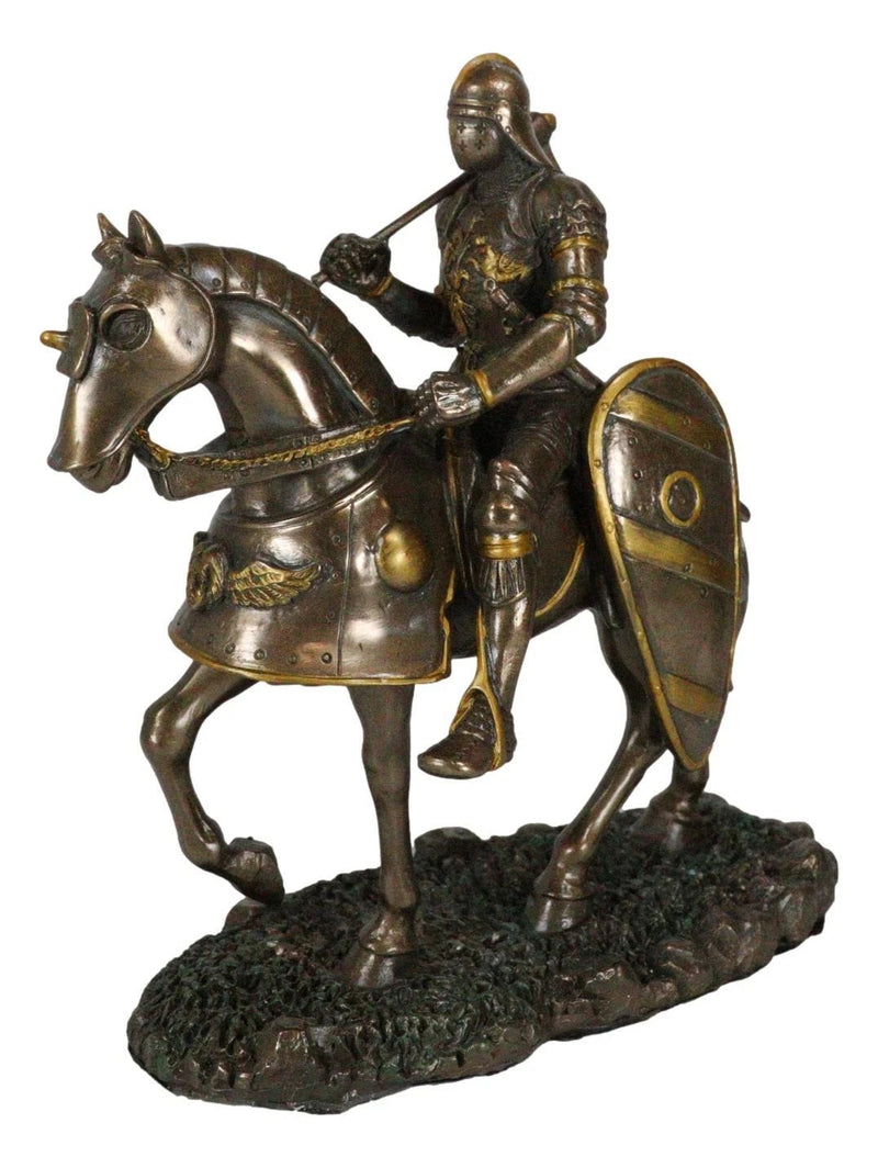 Medieval Suit Of Armor Knight With Large Shield And Axe On Horse Figurine-3