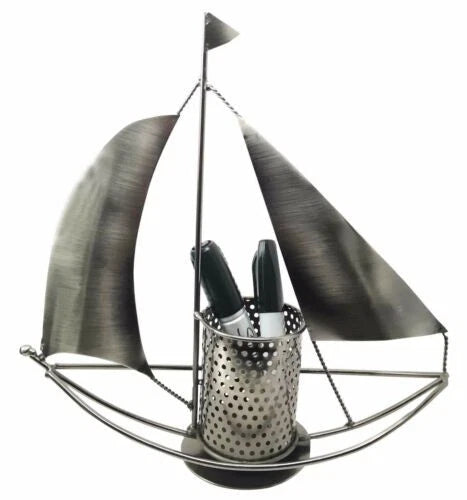 Nautical Ocean Sailboat Hand Made Steel Metal Office Stationery Organizer Holder-2