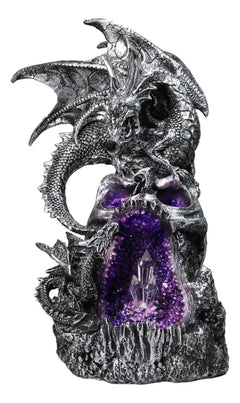 Silver Gothic Dragon On Oversized Skull with Faux Geode Crystal LED Figurine-6