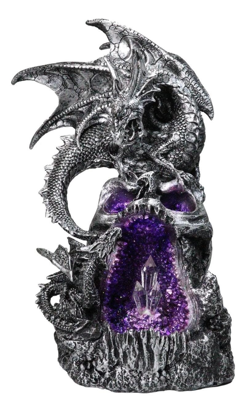 Silver Gothic Dragon On Oversized Skull with Faux Geode Crystal LED Figurine-6