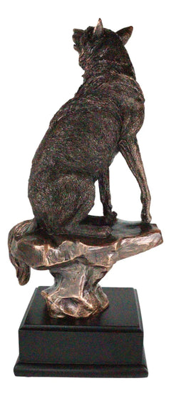 Rustic Moon Howling Alpha Wolf Sitting On Rocky Cliff Figurine With Trophy Base-4