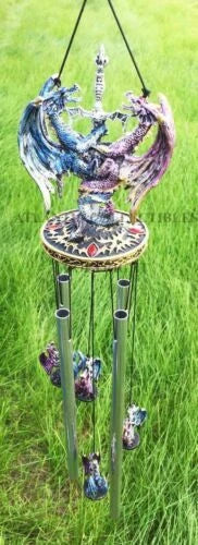 Yin Yang Day and Night Twin Dragons Excalibur Sword Wind Chime Home Patio Decor-2