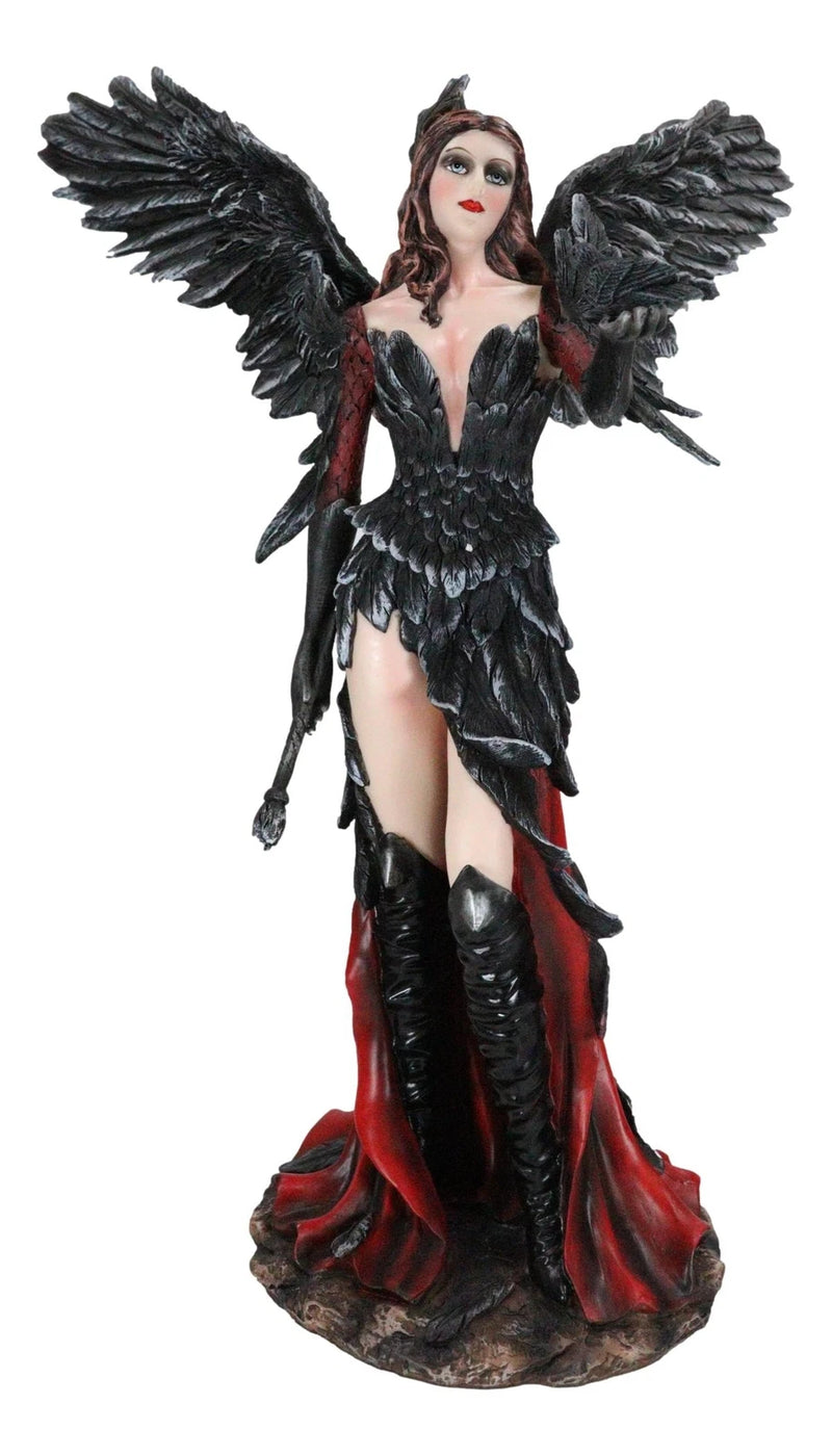 Gothic Raven Crow Trainer Angel Fairy In Black And Crimson Feather Gown Statue-7