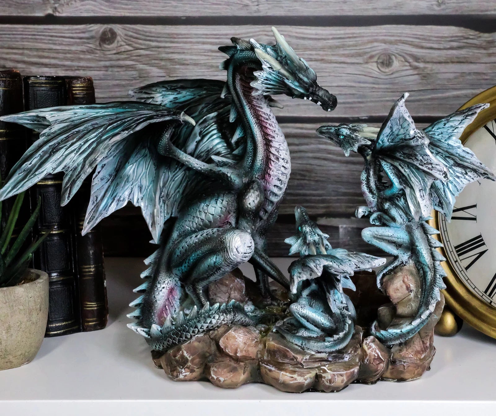 Dragon Figurine, 12" Blue Iceberg Mother Dragon with Baby Dragons Statue for Shelf, Mantle, Home, or Fantasy Room Decor Collectible-4