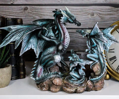 Dragon Figurine, 12" Blue Iceberg Mother Dragon with Baby Dragons Statue for Shelf, Mantle, Home, or Fantasy Room Decor Collectible-4