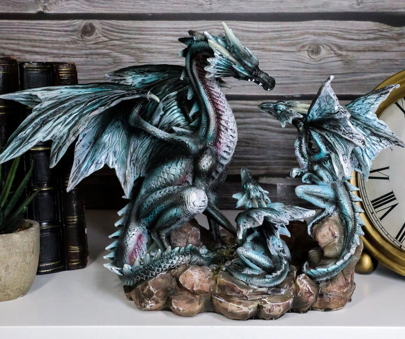 Dragon Figurine, 12" Blue Iceberg Mother Dragon with Baby Dragons Statue for Shelf, Mantle, Home, or Fantasy Room Decor Collectible-4