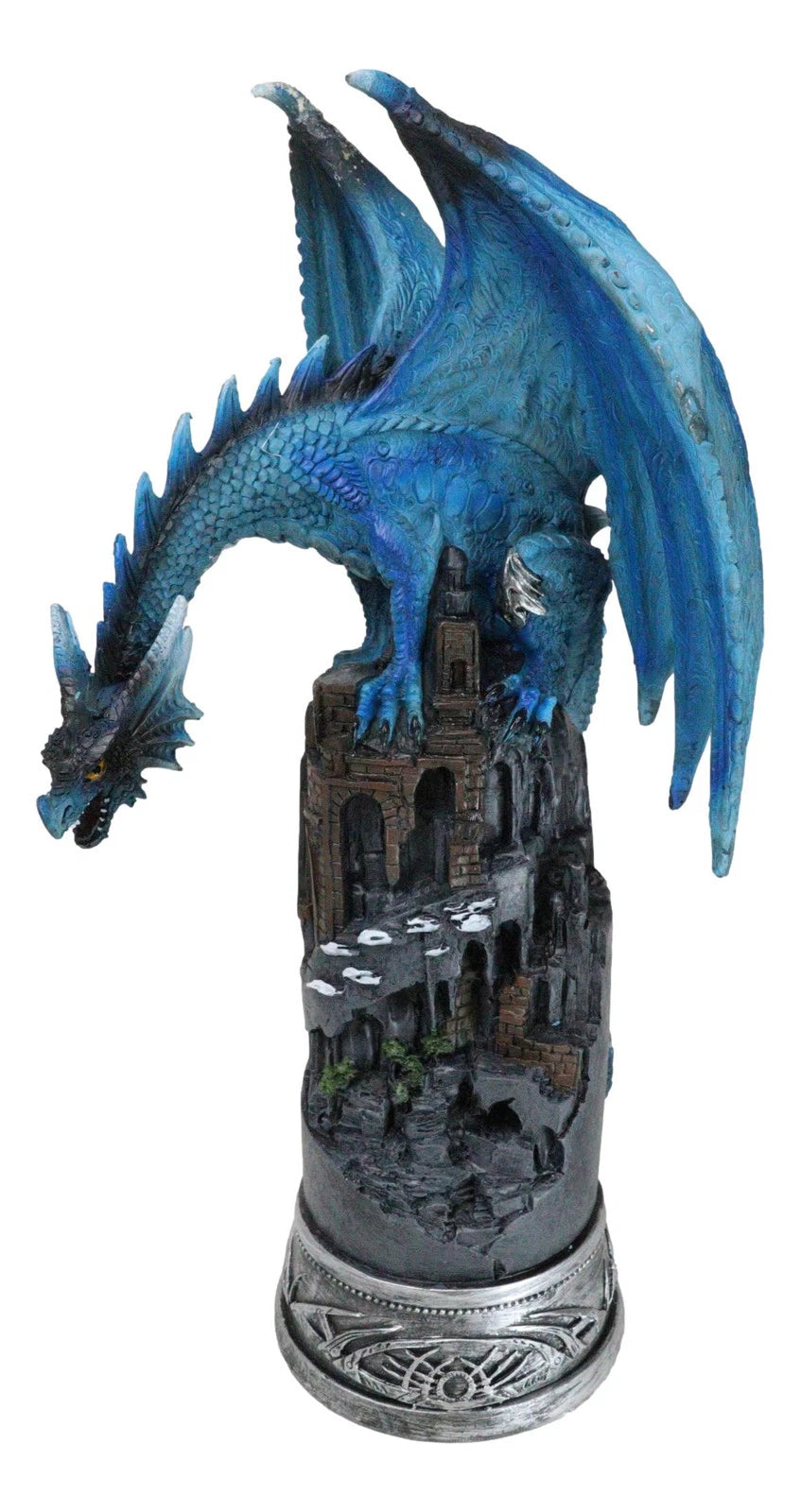 Blue Elemental Ice Dragon Perching On Medieval Stonewall Castle Tower Figurine-6