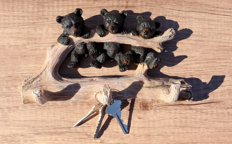 Rustic 3 Naughty Black Bears Dangling On Tree Branch 3 Pegs Triple Wall Hook-2