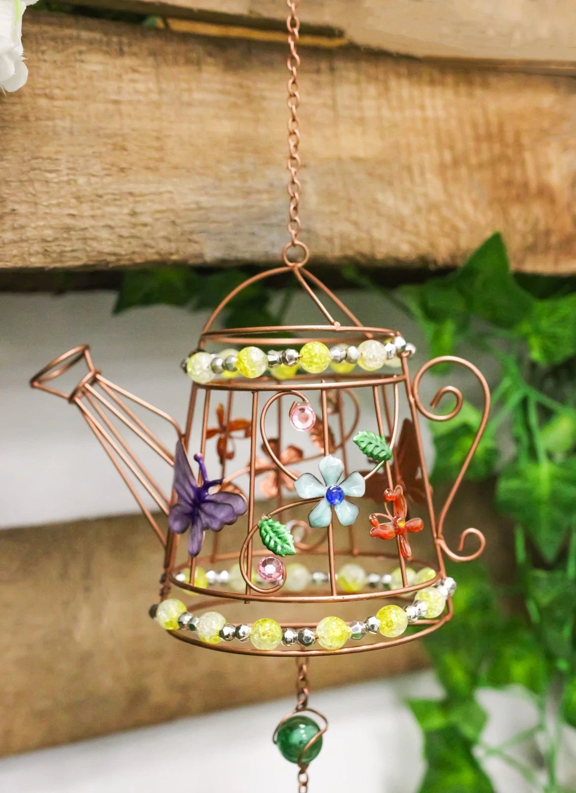Monarch Butterflies On Garden Watering Can Art Glass Gemstones Metal Wind Chime-5