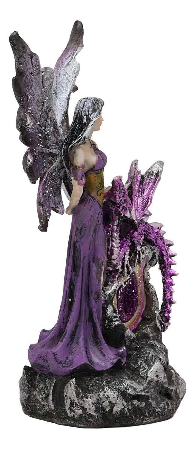 Purple Fairy With Dragon Sitting On LED Crystal Geode Night Light Statue Decor-7