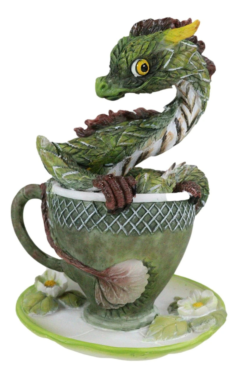 Fantasy English Green Tea Leaves And Flowers Dragon In Teacup & Saucer Figurine-7