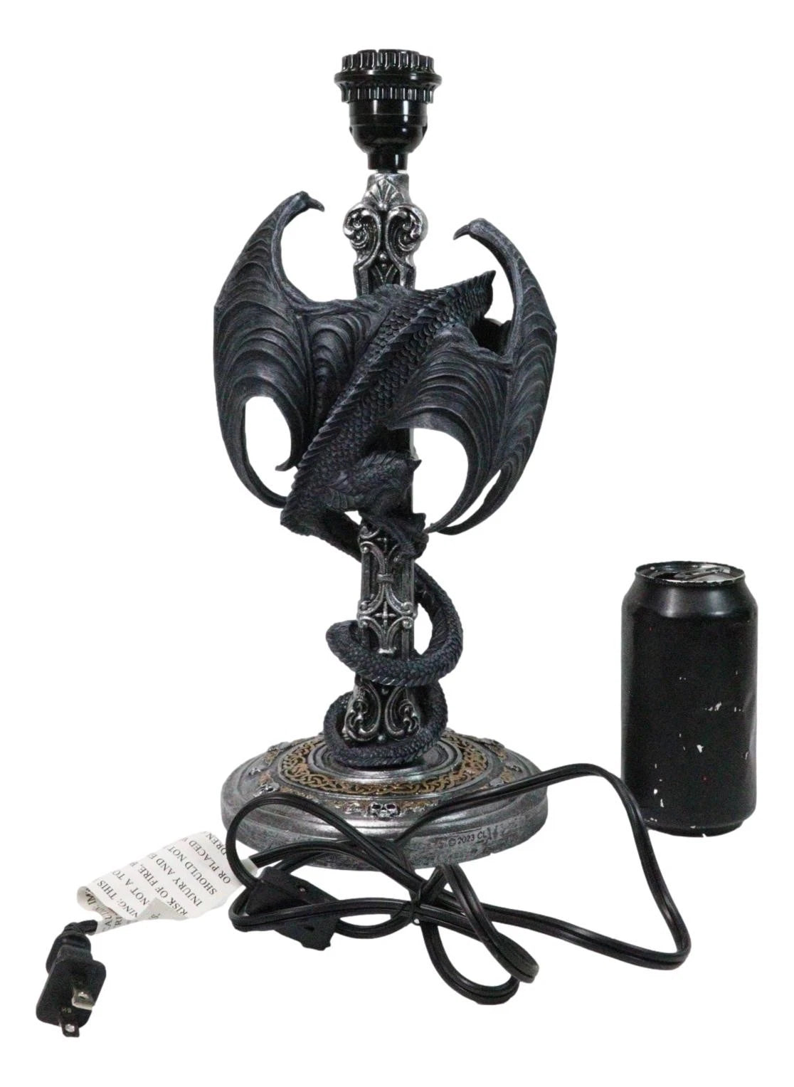 Gothic Faux Stone Dragon Perching On Celtic High Cross Sculptural Table Lamp-4