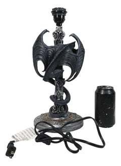 Gothic Faux Stone Dragon Perching On Celtic High Cross Sculptural Table Lamp-4