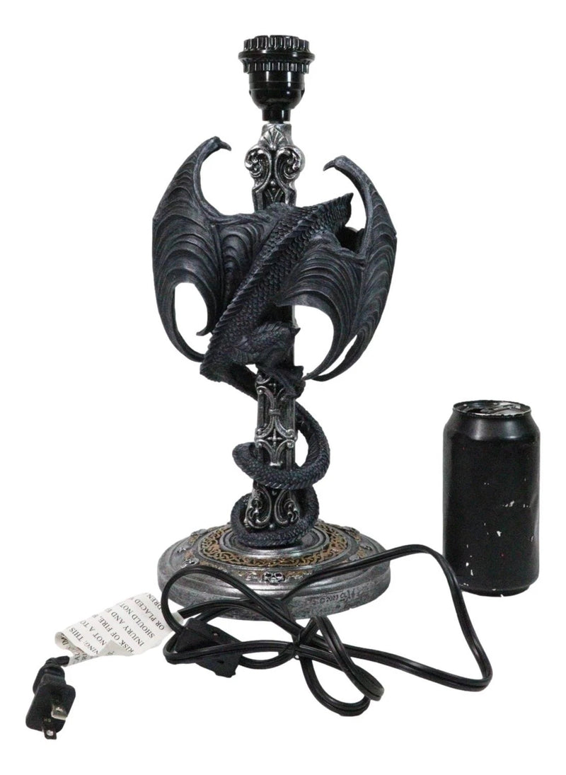 Gothic Faux Stone Dragon Perching On Celtic High Cross Sculptural Table Lamp-4