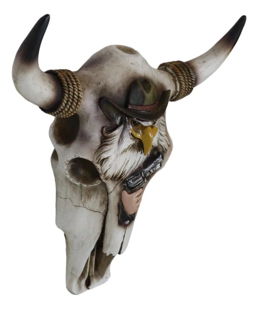 Rustic Western Eagle Cowboy With Gun Horned Ropes Cow Skull Wall Decor Plaque-4
