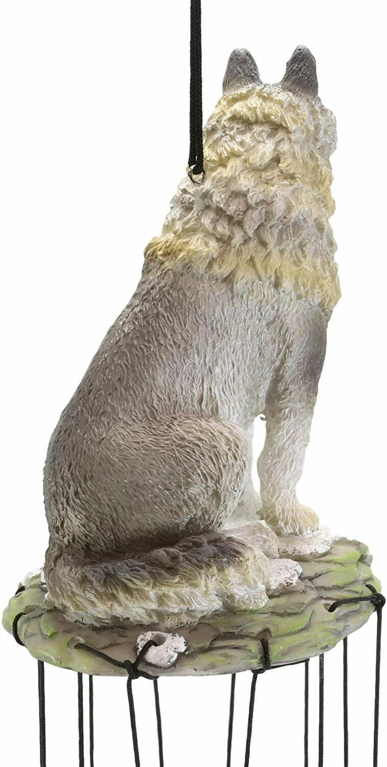 Realistic Sitting Lone Gray Wolf Hand Painted Sculptural Wind Chime Decorative-3