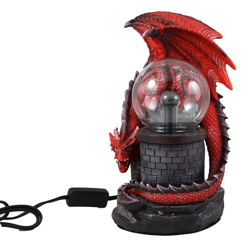 Estatua grande de la lámpara de bola de plasma del Dragón de Fuego Rojo que custodia el castillo de Dungeons Dragons-5
