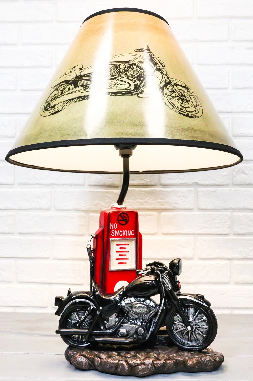 Lámpara de mesa de escritorio con pantalla, estilo retro, con surtidor de gasolina y motocicleta-6