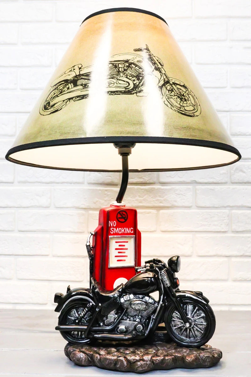 Lámpara de mesa de escritorio con pantalla, estilo retro, con surtidor de gasolina y motocicleta-6