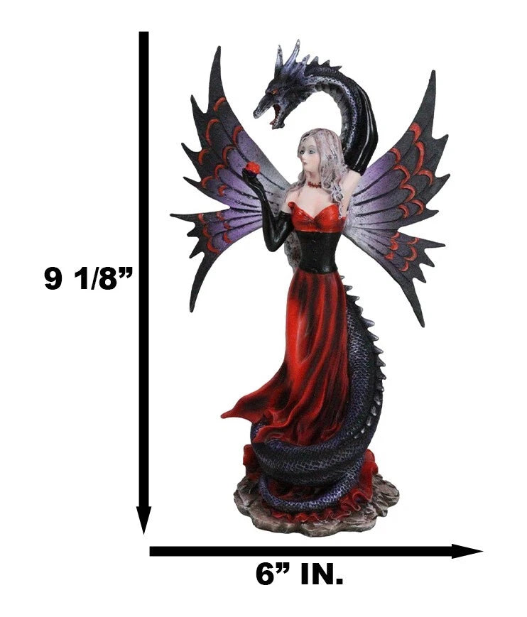 Fantasy Red Gowned Gothic Rose Fairy With Black Grendel Volcano Dragon Figurine-4