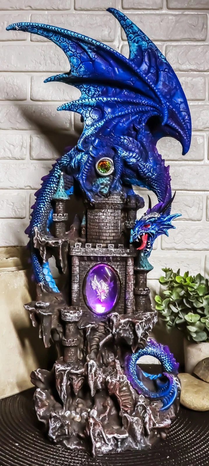 20"H Blue Waterfall Spyro Dragon On Castle Statue LED Night Light Figurine-1