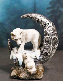 Winter Snow White Wolf Mother With Pup By Snowy Crater Crescent Moon Figurine-1