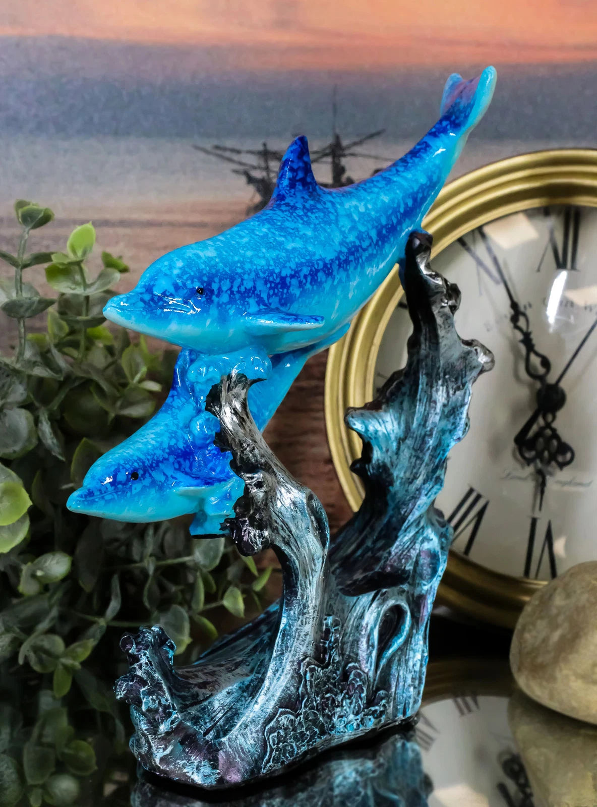 Marine Sea Ocean 2 Blue Dolphins Swimming Around Underwater Coral Reef Figurine-2