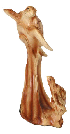 Mother and Baby Sea Turtle Decor Statue 9" Tall Faux Wood Resin Figurine-4