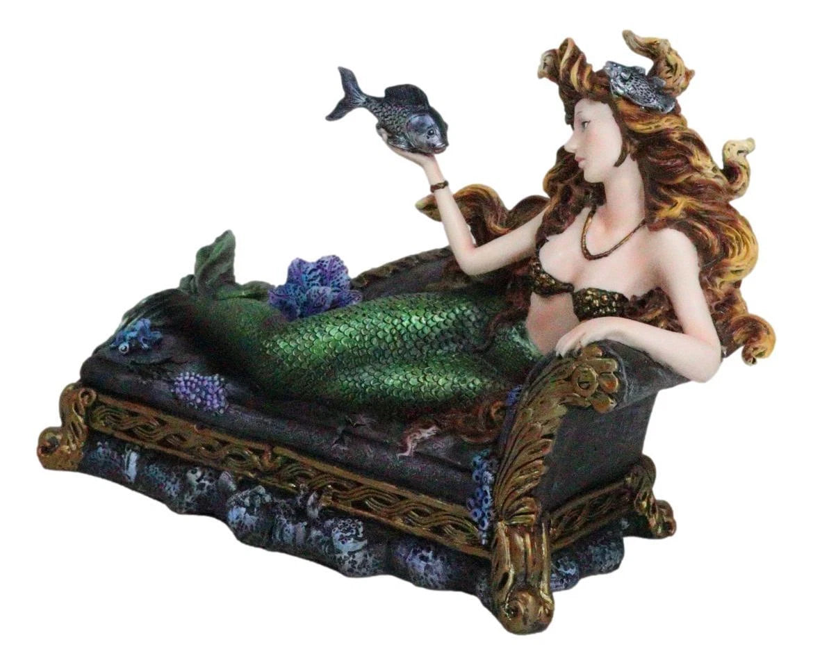 Queen Of Atlantis Siren Mermaid With Fish Resting On Sea Lounge Chair Figurine-4