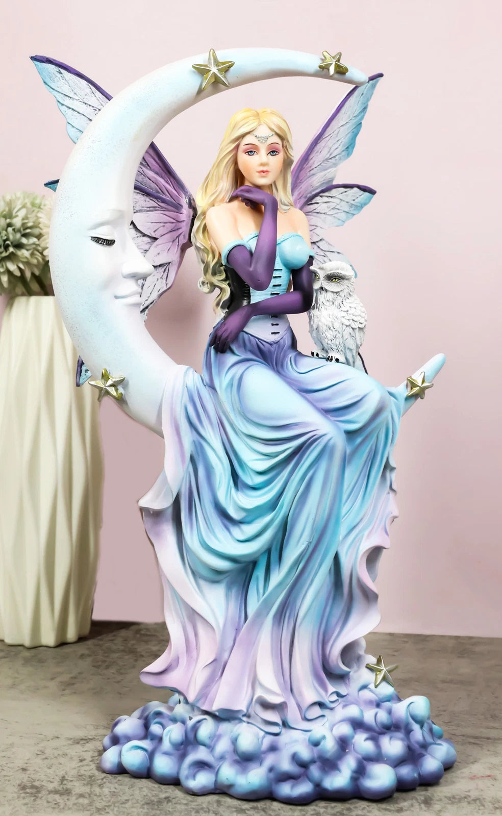 Crescent Moon And Stars Midnight Fairy Luna In Pastel Gown With Snow Owl Statue-1