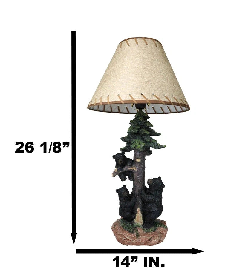 Rustic Western Forest Black Mama Bear With Cubs Climbing On Pine Tree Table Lamp-2
