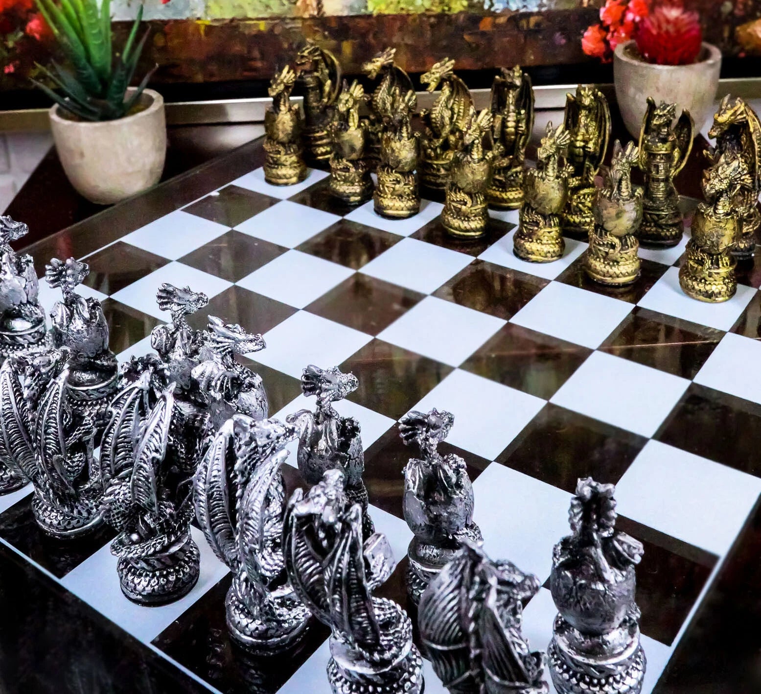 Mythical Fantasy Dragon Dungeon Kingdoms Resin Chess Pieces With Glass Board Set-2