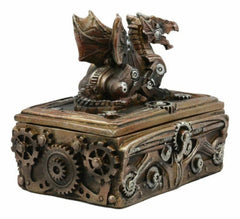 Bronzed Steampunk Cyborg Dragon Jewelry Box Figurine 9.5"L Robotic Serpentine-3