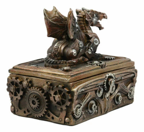 Bronzed Steampunk Cyborg Dragon Jewelry Box Figurine 9.5"L Robotic Serpentine-3