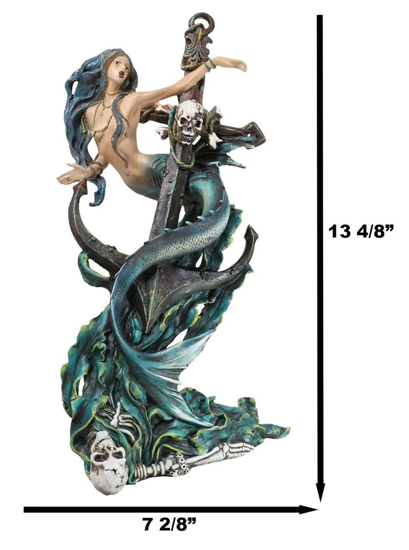 Siren Mermaid Holding Ship Anchor with Skulls On Ocean Waves Home Decor Figurine-2