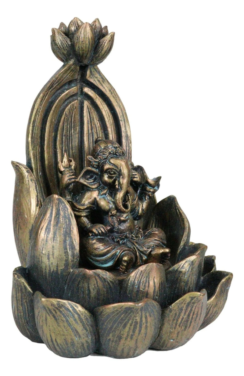 Hindu Elephant God Ganesha On Lotus Throne Backflow Cone Incense Burner Figurine-4